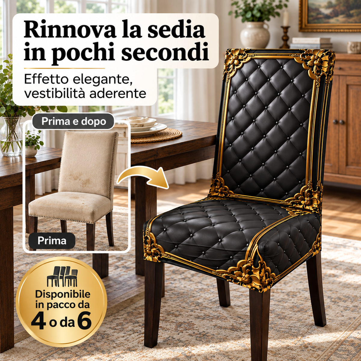 Coprisedia Elegance™ – Protegge, Rinnova e Trasforma le Tue Sedie